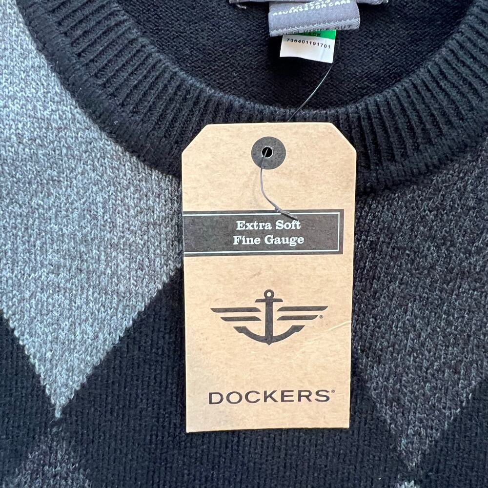 Dockers Sweater Mens Large Black Gray Argyle V-Neck Fine Gauge Soft NWT New - Picture 12 of 13